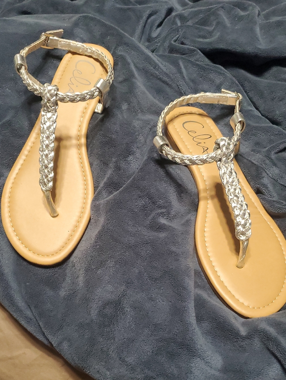 CeliaB Braided Metallic T-Strap Sandals in Silver and Tan